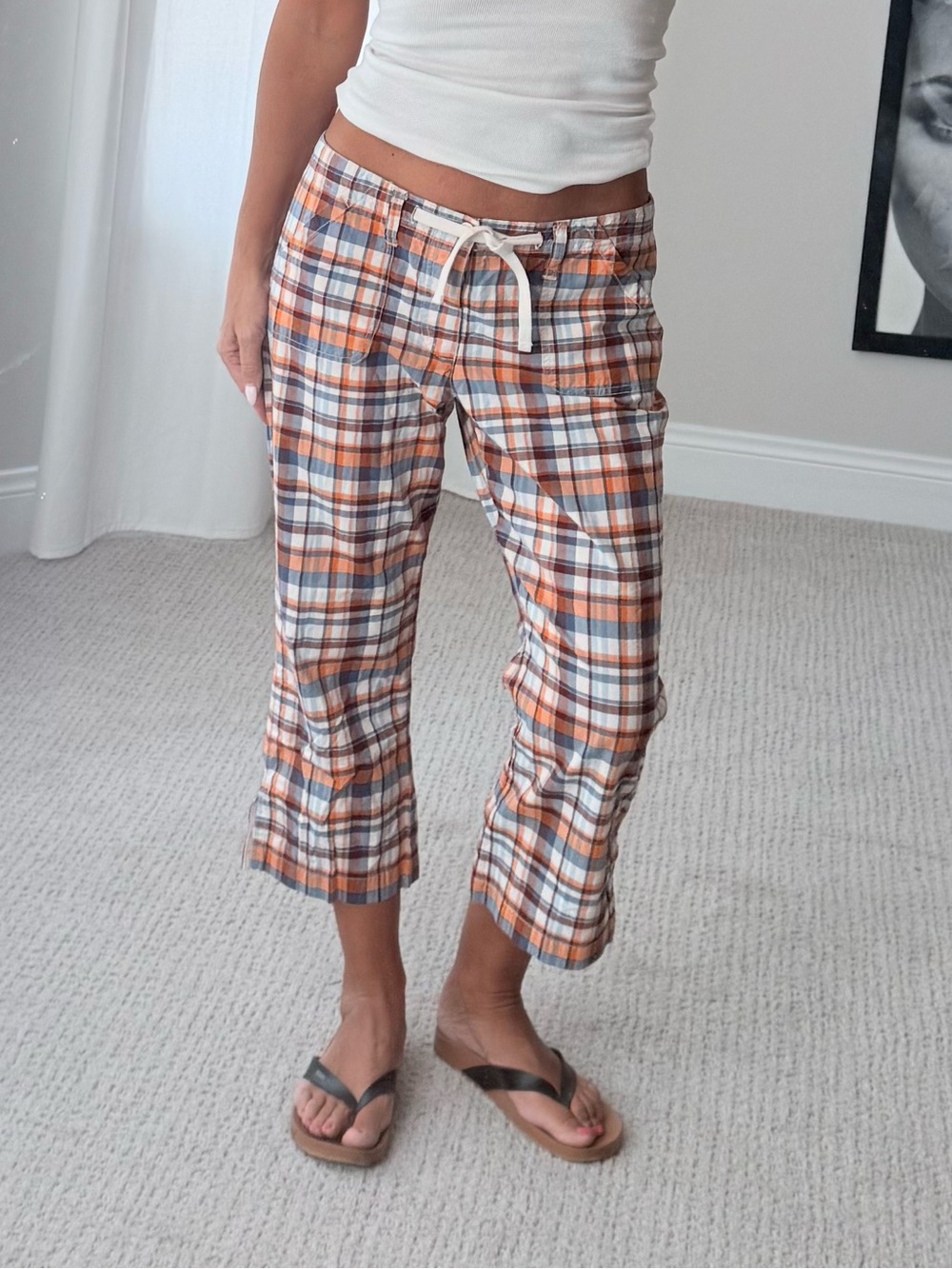 Y2K American Eagle Outfitters Orange & White Plaid Cropped Drawstring Pants